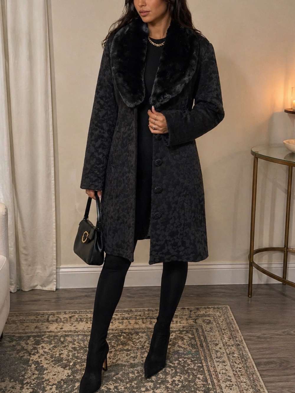Merona Black Textured Trench Coat with Faux Fur Collar
